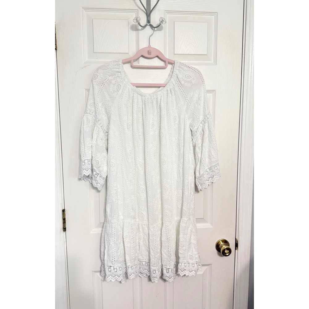 Karen Kane White Eyelet Lace Mini Dress Boho Bell Sleeve Ruffle Boho Beachy